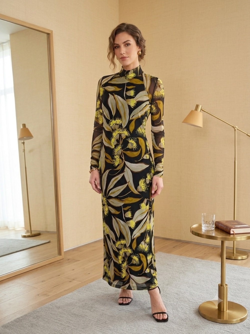 Anthropologie Black and Yellow Floral High-Neck Midi Dress